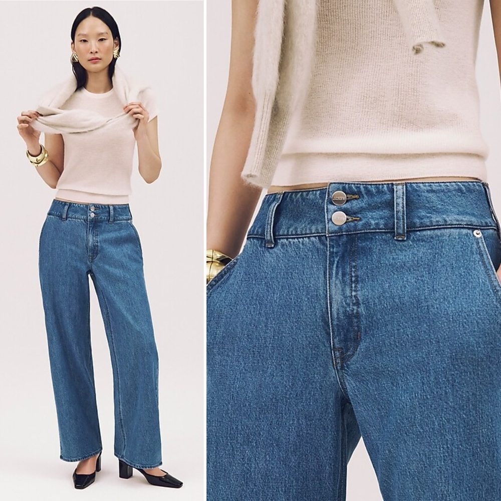 J. Crew Slim Wide Leg Jeans Petite 31 Denim Blue Stacked Buttons Modern Classic